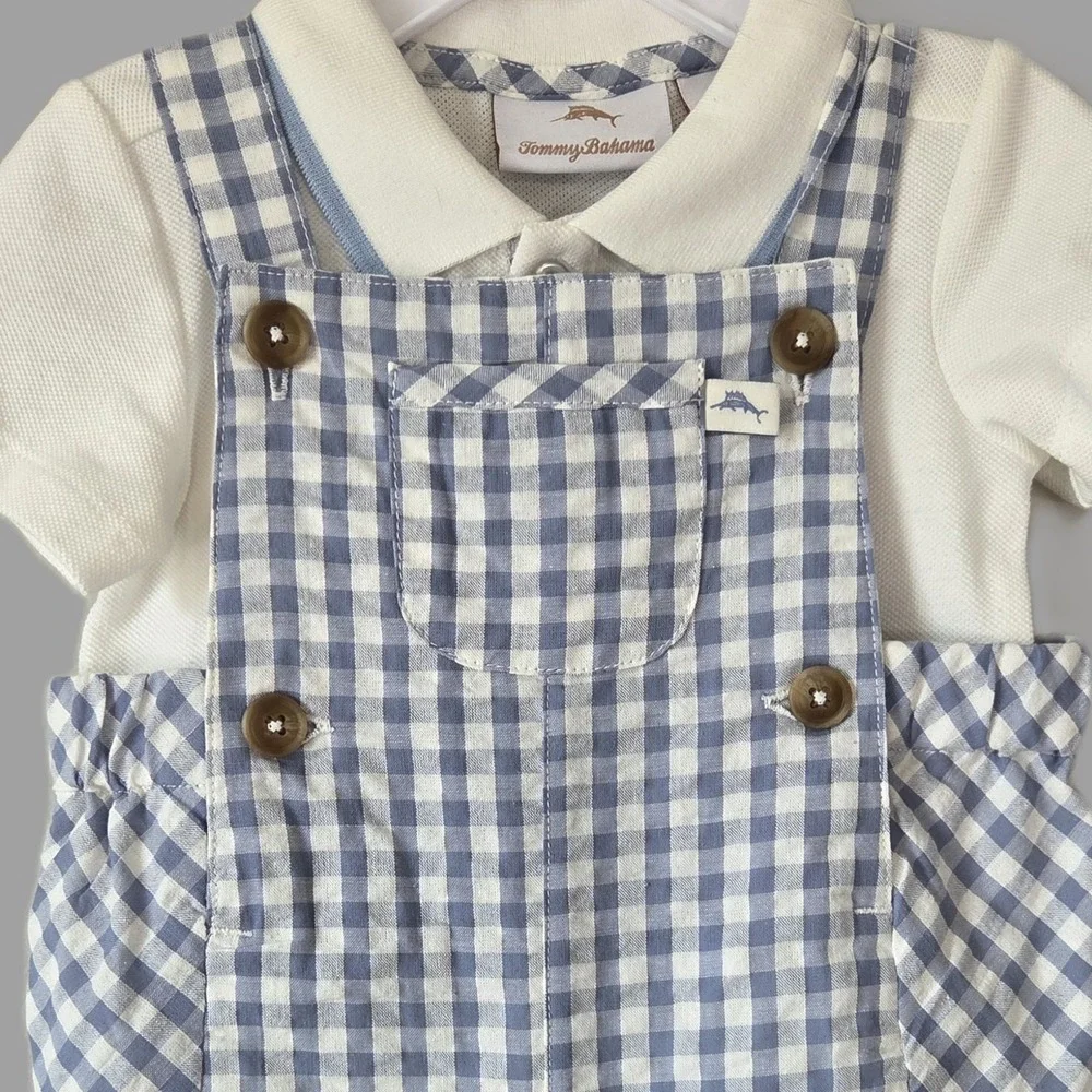 Tommy Bahama Baby Boy NWT 2pc Gingham Overalls & Polo Set Size 6-9 Months